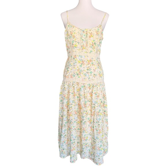 Lost + Wander Dresses & Skirts - Lost + Wander Yellow Floral Lace Trim Tiered Midi Dress Cottagecore boho Size M